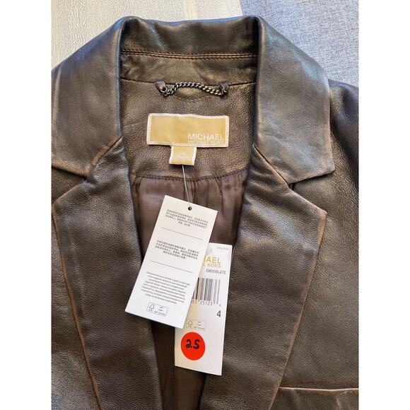 MICHAEL KORS BURNISHED 100% LEATHER CHOCOLATE BLAZER. MSRP$895. SZ4 LAPEL COLLAR - Picture 10 of 11
